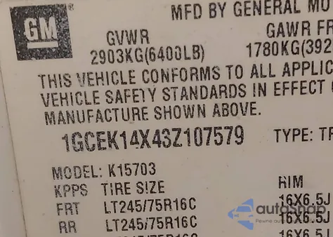 2003 Chevrolet Silverado 1500 z USA, uszkodzony, nr VIN 1GCEK14X43Z107579